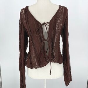 Peach Lace Tie Front Long Sleeve Crop Cardigan Top L Brown Sheer Boho